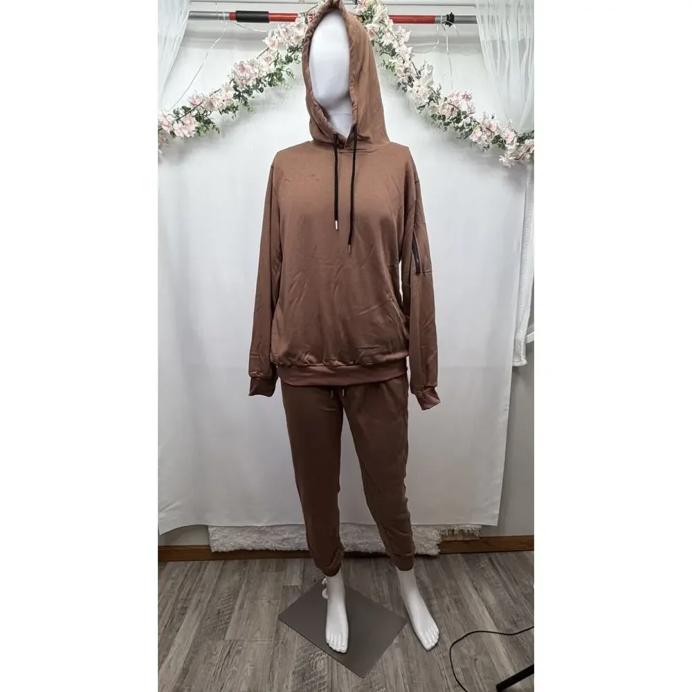 Casual 2-Piece Hooded Jogger Sweatsuit Cocoa‎ Medium Activewear